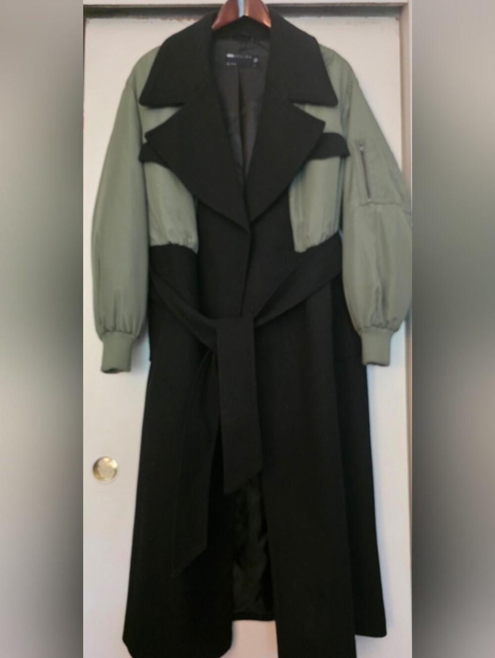 ASOS Two-Tone Trench Coat in Black and Sage